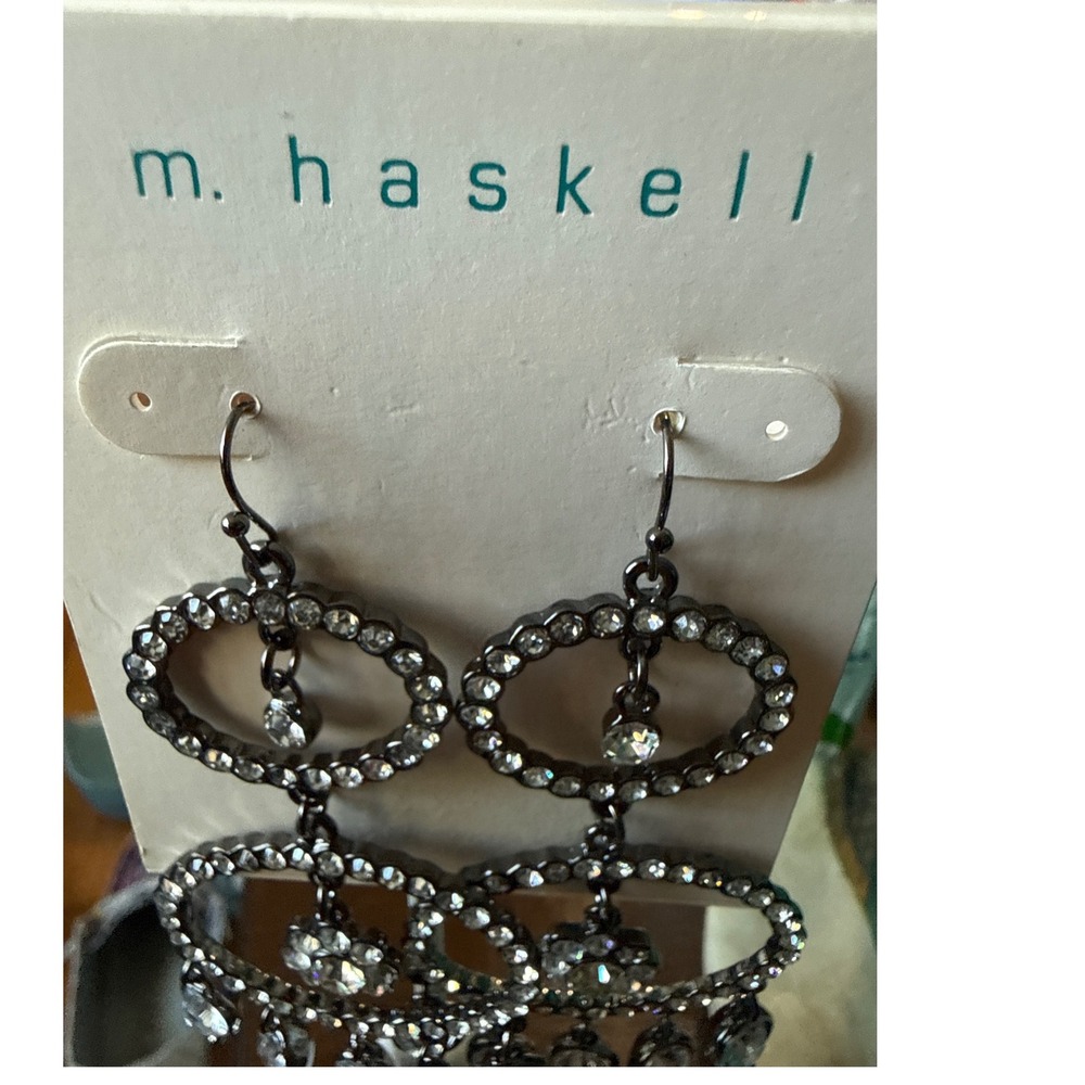 M. Haskell Gunmetal Crystal Chandelier Drop Earrings Floral Tiered Statement - Picture 2 of 4